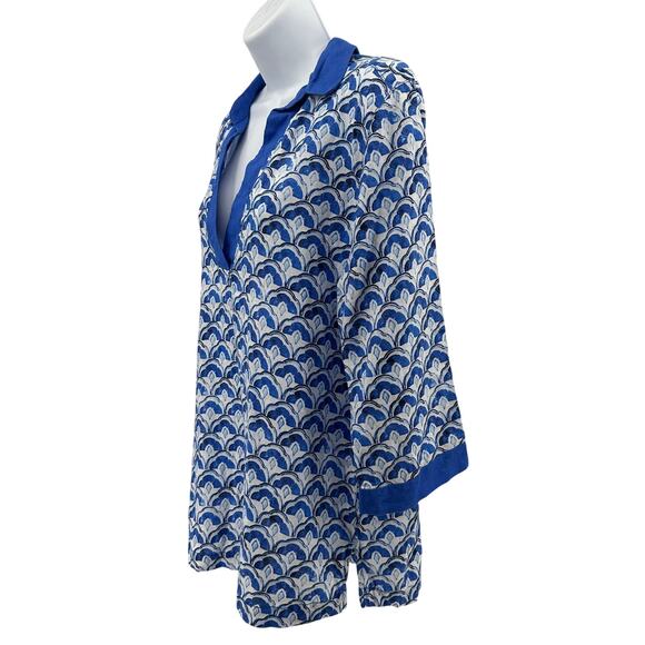 Sigrid Olsen Popover Linen Shirt Womens M Royal Blue Floral Collared 3/4 Sleeve - Picture 7 of 11